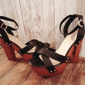Just Fab, wedge strap heel sandal, black and brown